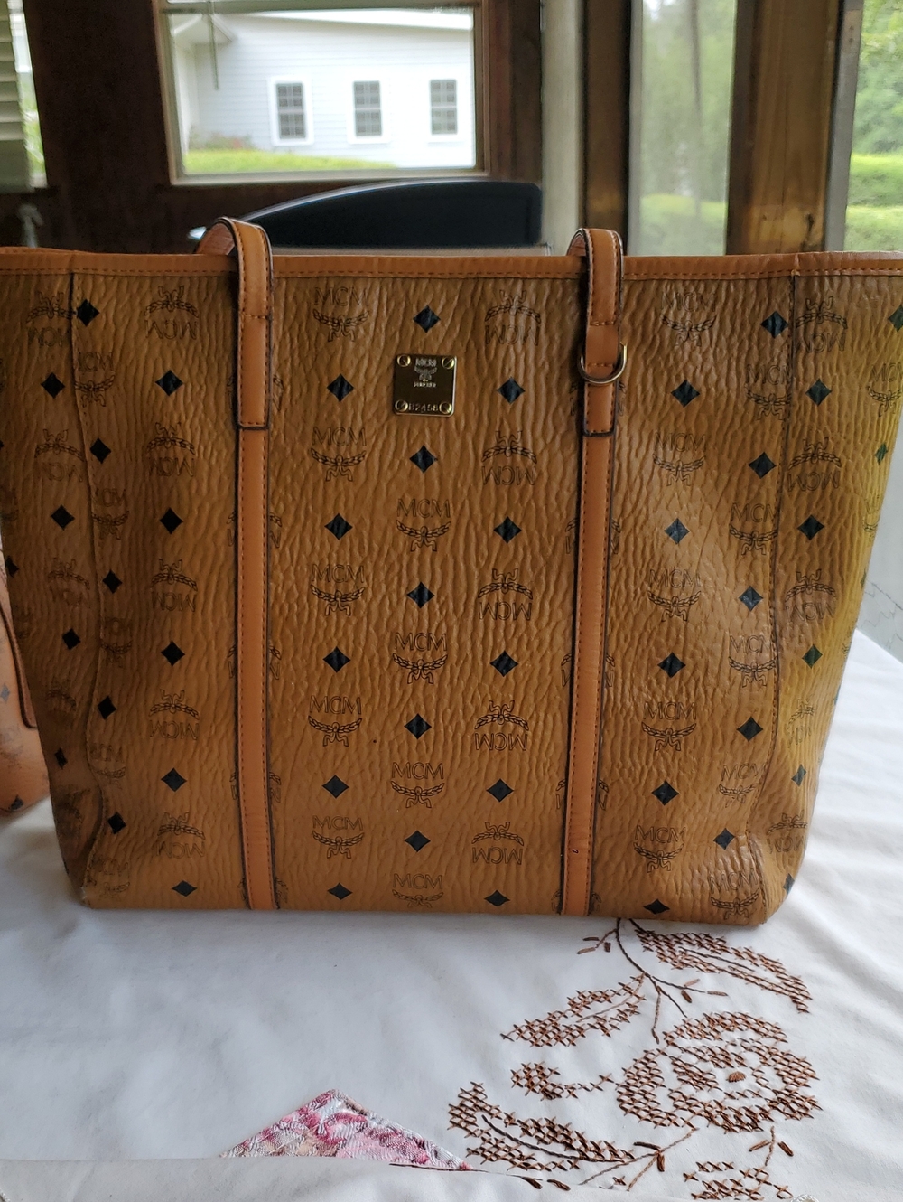 MCM Cognac Visetos Logo Tote Bag